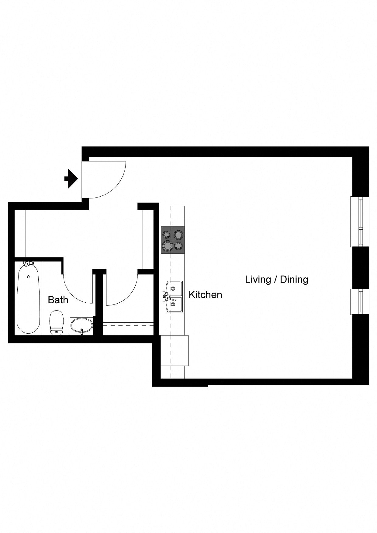 Floor plan for studio, 1 bath, 414 sqft